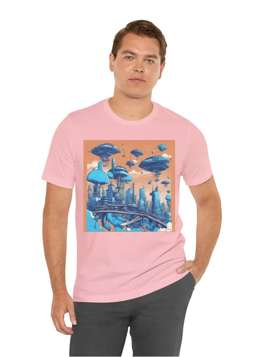 Je veux un T-shirt avec :Je veux un t-shirt avec :  Des illustrations de villes futuristes :  Graphisme : Dessins détaillés de villes imaginaires, avec des gratte-ciels innovants et des véhicules volants. Couleur : Palette de néons éclatants (bleu électri