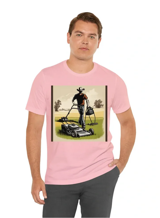 A western style desinged t-shirt with a male pushing a lawn mower