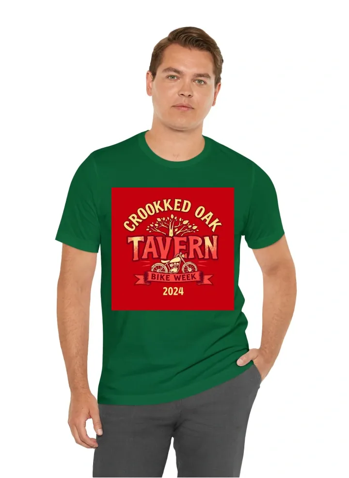 I want a shirt that says crooked oak tavern in vintage graffiti at the top and bike week 2024 on a ribbon at the bottom