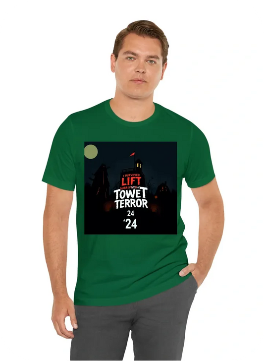 Design a tshirt that says "I survived LIFT Tower of Terror '24" using a spooky halloween terror theme