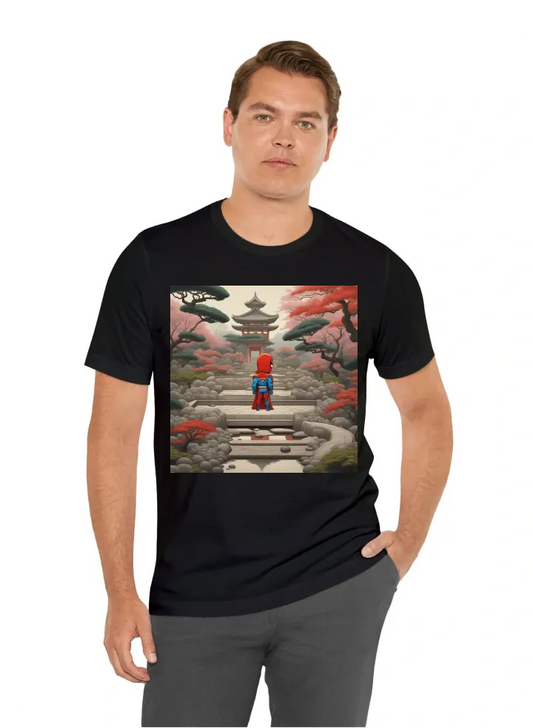 Superhero in a Zen Garden: Iconic superhero symbols juxtaposed with tranquil Japanese Zen garden elements.