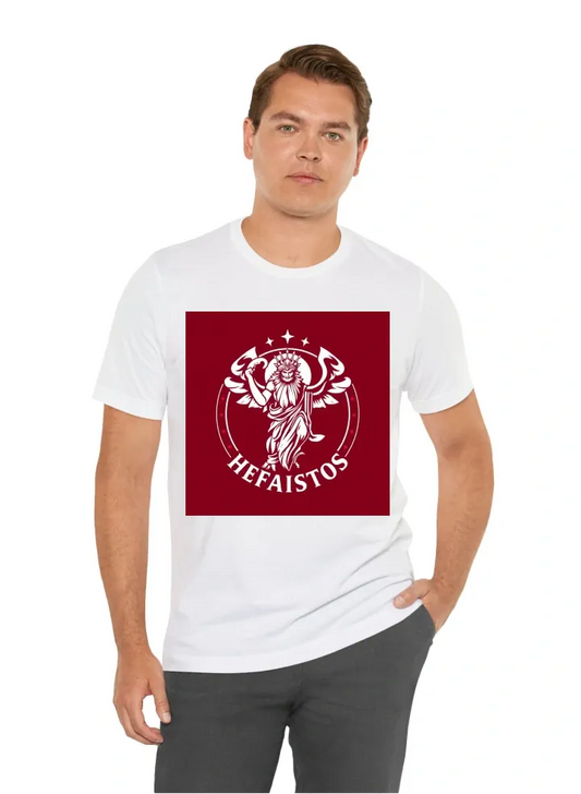 I want to t-shirt with logo HEFAISTOS and that tshirt with blabla greek mythology. make the nice one on maroon t-shirt