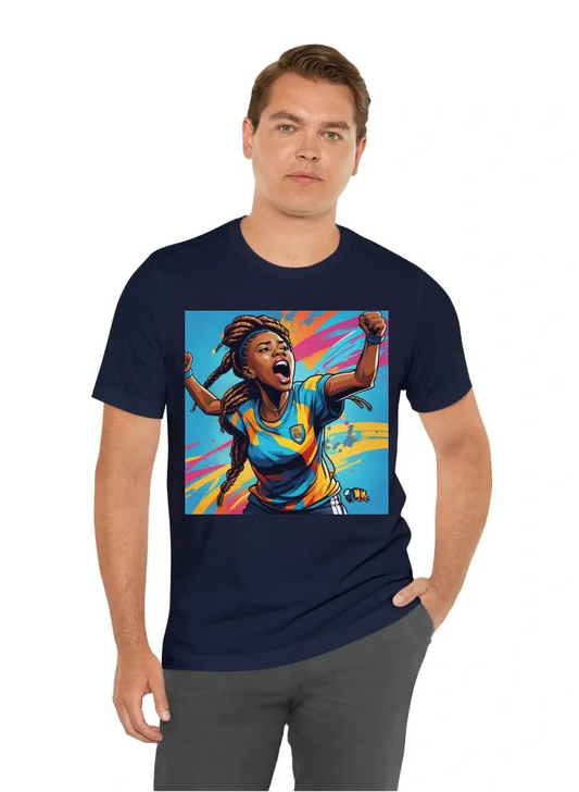 T-shirt design, front shot of a young beautiful black female football fan in a blue top with colorful braids, her face contorted in rage and her mouth open in a furious yell. Her detailed expression is captured with vibrant colors and bold outlines, empha