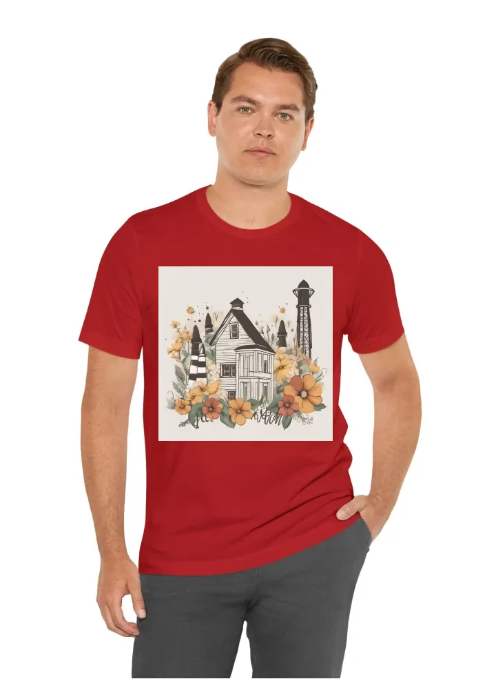 The words we are the village and a simple house design with alabama state outline with a rocket and flowers