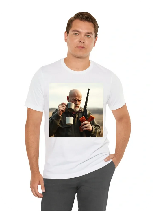 Bald man holding gun, drinking coffee, and loves his grandsons and bacon