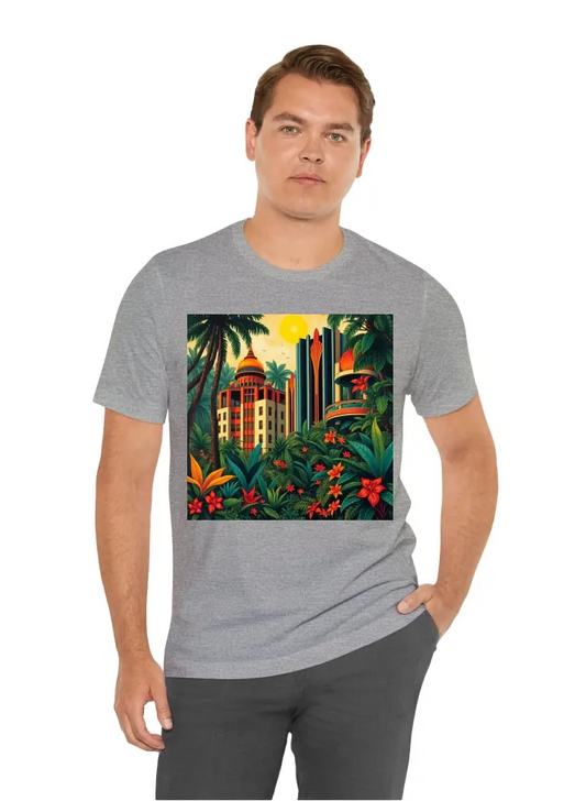 Art Deco Architecture with Jungle Overgrowth: Striking art deco buildings intertwined with lush, wild jungle flora