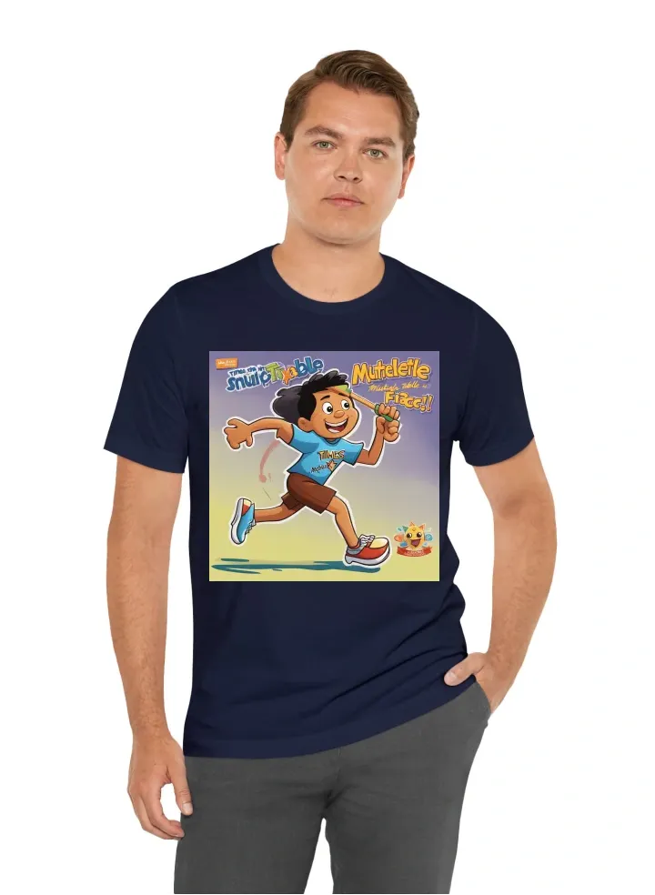 A latin child cartoon character running with a multiplication sign as a baton in a relay race. Text: “Mathlete in Action Racing Through Multiplication Facts!” on the front. on the back, "Times Table Superstar" Text: “Ann T. Lynch Elementary - Times Table