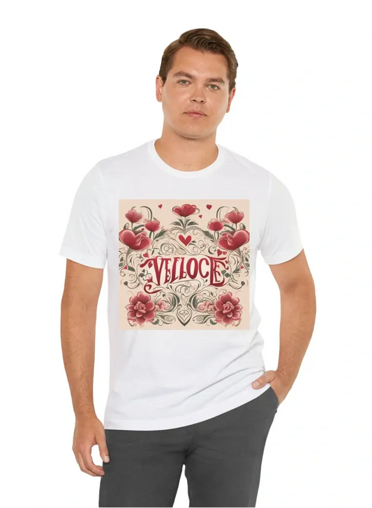 Create a design for the Véloce Amore brand. The main logo should be a heart. Inside the heart, incorporate elegantly stylized flowers. The brand name 'Véloce Amore' should be incorporated into the design, either inside the heart or on the flowers themselv