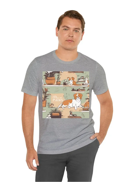 I want a t-shirt with “Paws & Relax” – Cute illustrations of pets (like dogs or cats) in a relaxing setting.