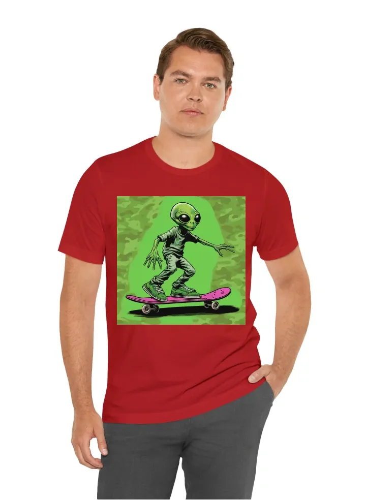 Camo style tshirt green alien on skateboard