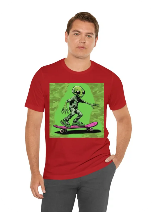 Camo style tshirt green alien on skateboard