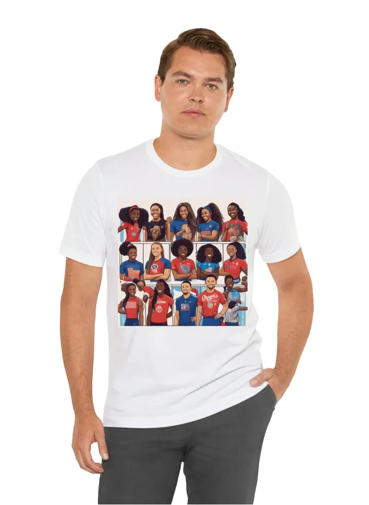 I want a shirt with the Olympic heroes, Aja Wilson, Simone Biles, Sydney McLaughlin, Stephen Curry, Simone Biles, & Noah Lyles