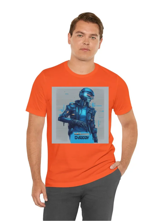 I want T-Shirt with: a blue t-shirt with a nice futuristic cyberpunk text mr daddy