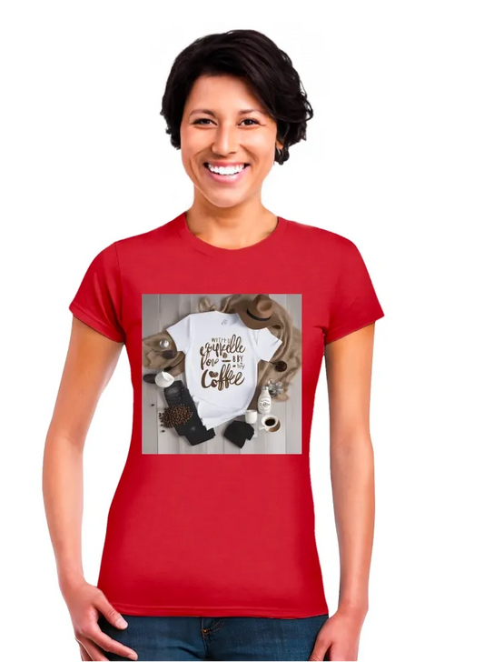 Print tshirt with the words with coffee tones Powered by love, fueled by coffee #MomLife