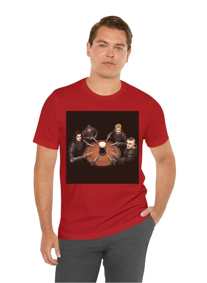 T-shirt style print four men standing at a circular (table knight) formation around a central round table all looking into the camera with a black beer in the middle, all 4 figures point with a swort to the black beer in the middle. The figures, dressed l