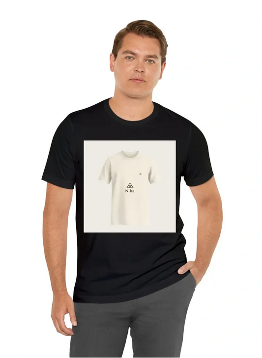 A simple, minimalistic t-shirt design in a neutral color like beige or light gray. The shirt features a small, abstract symbol inspired by Egyptian heritage, such as the Eye of Horus or a geometric pyramid. The design is clean and subtle, with no extra pa