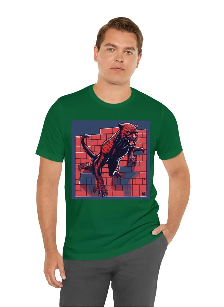 I want a t-shirt with a panther that has a spiderman suit on and is climbing a wall