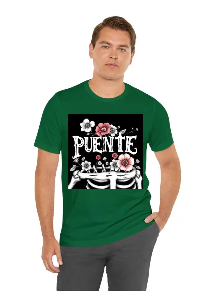 Word puente in mexican font on top of  skeleton Black and white with flowers