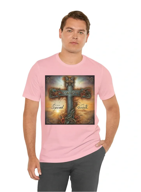 I want T-Shirt with: I want to You to Create a christian super cool design for a t shirt. the main idea of the design has to fo around the phrase "saved by grace" please don't forget to include the cross