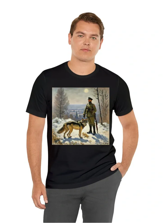 Painting style Claude Monet soldier standing next to wolf action 1939