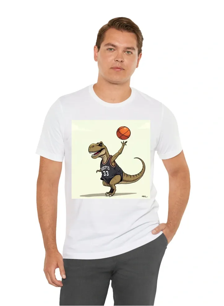 A dinosaur shooting hoops in a basketball jersey