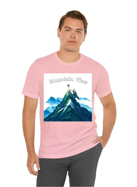 I want T-Shirt with: the words Mountain View big at the top with thor striking down his hammer on the top of a mountain with the colors blue green white and black