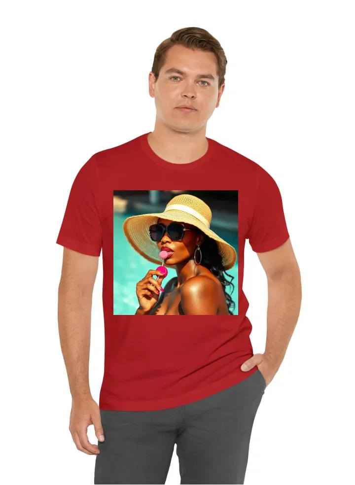 I want a sexy black women wearing a sun hat with sunglasses licking a lollipop with water behind her