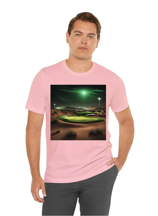 A pic art golf green lit by stadium lights with desert nightscape in background