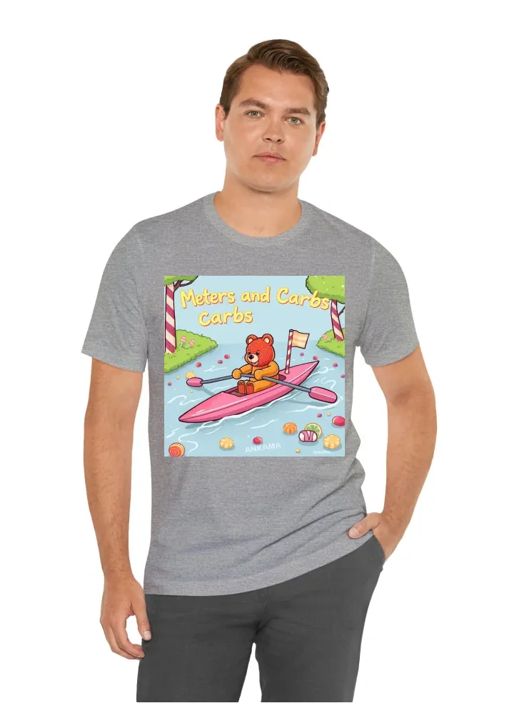 Gummy bear rowing a rowing shell down a river, candyland game themed, cartoon, illustrative, bright, glitter, fun, boat is narrow and long, racing rowing shell, Filippi Boat that is pink, text that reads "Meters and Carbs", fantasy, lots of candy and gumd