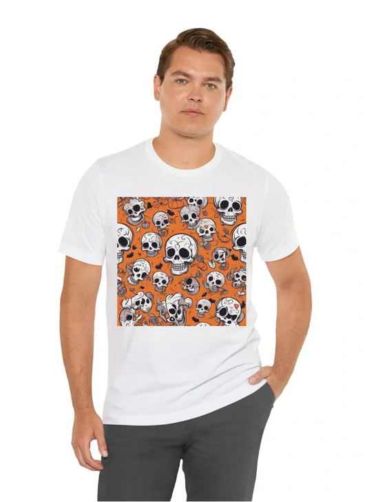 "Create a front-facing skull design for a children's clothing brand. The design should be in the style of the brand, which features spooky and Halloween-themed elements. The skull should have a playful and kid-friendly appearance, with exaggerated feature