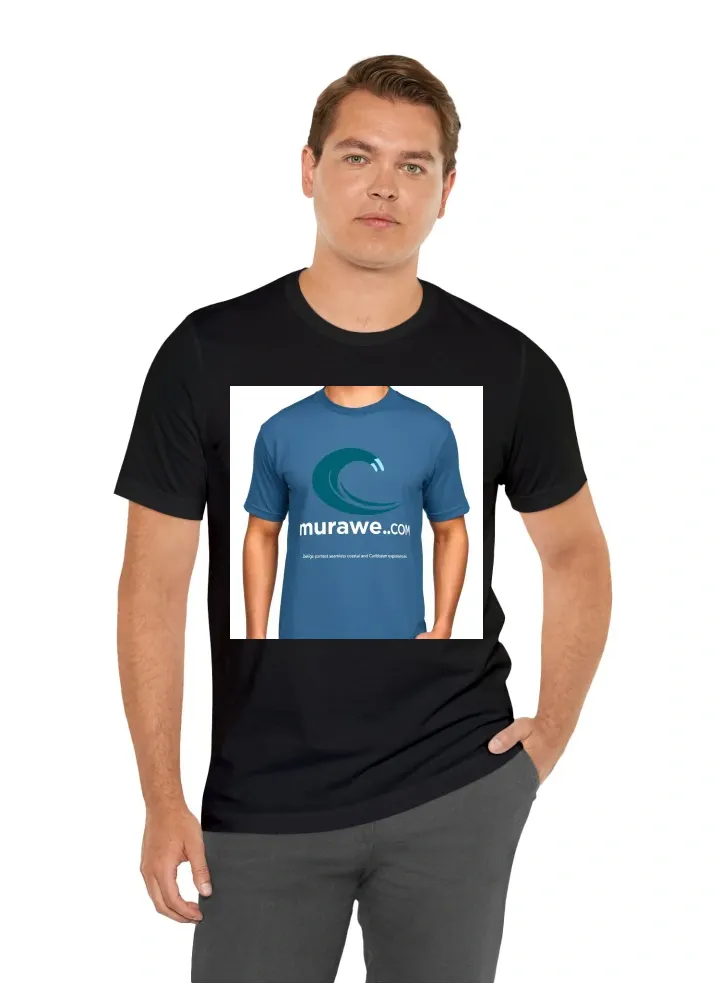 This T-shirt features a bold, sleek, and minimalistic wave logo symbolizing Murawave, a tourism platform focused on delivering seamless coastal and Caribbean experiences. The deep teal wave design curves gracefully, capturing the essence of the ocean’s fl