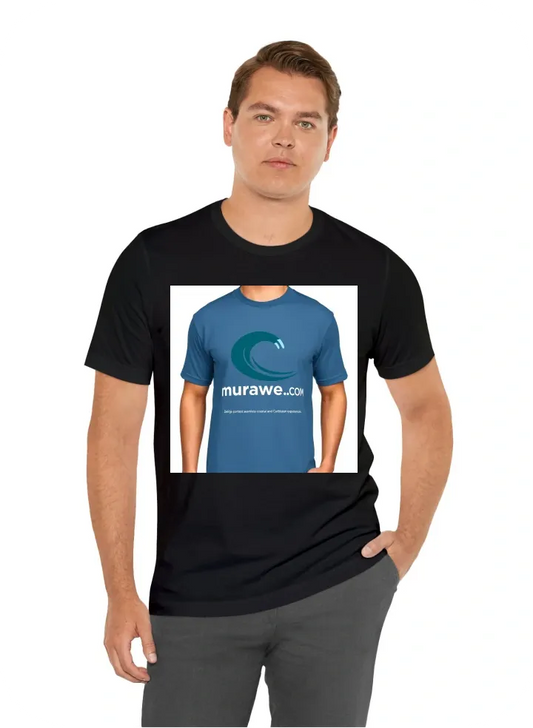 This T-shirt features a bold, sleek, and minimalistic wave logo symbolizing Murawave, a tourism platform focused on delivering seamless coastal and Caribbean experiences. The deep teal wave design curves gracefully, capturing the essence of the ocean’s fl