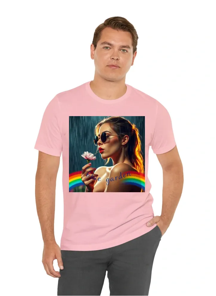 A sexy woman with sunglasses blowing a flower in the rain with lighting behind it with a rainbow that has “blue garden” written inside of it