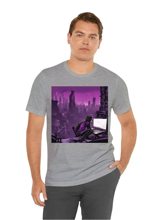 A purple and black themed post apocalyptic cityscape background with a girl in the foreground hacking on a laptop