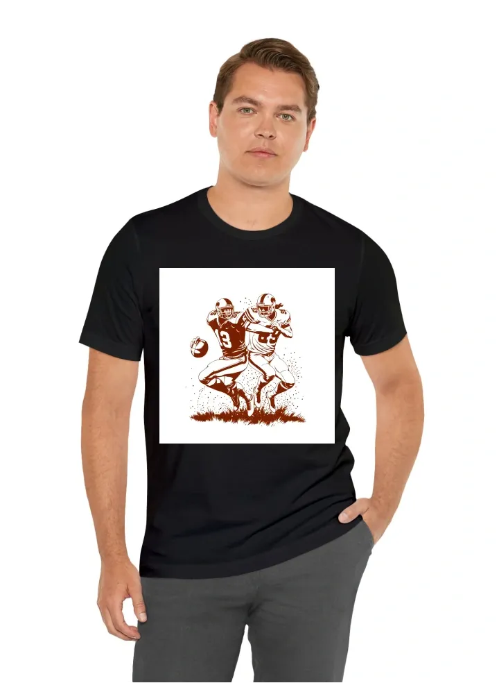 I want a tshirt that is only in brown and white colors. Use silhouette design, with only brown and white. I want you to design two football players, from Lehigh University ad Lfayette University, crashing into each other, 2024