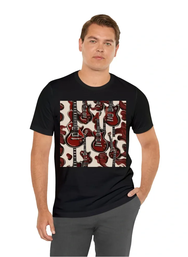 Create a graphic design for a black t-shirt featuring a Gibson Les Paul Standard 60s Figured Top 60s Cherry guitar. Showcase the guitar's iconic cherry-red sunburst finish, wood grain, and chrome hardware. Keep the background subtle to make the guitar the