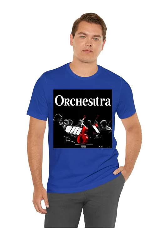 The words orchestra, black red and white color scheme