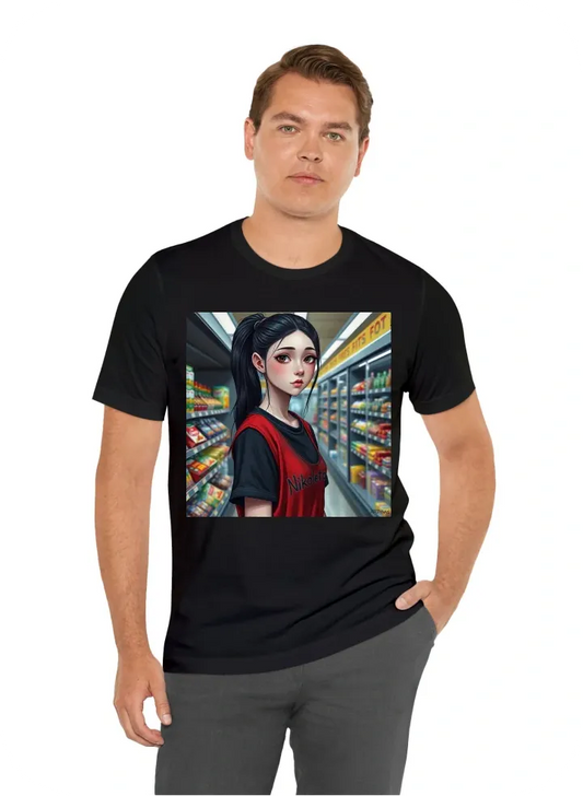 Pale girl with black hair in ponytail sad eyes black t-shirt and red vest with Nikoleta writing in standing in grocery store