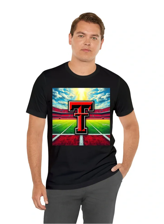 Texas Tech logo with football field in backround