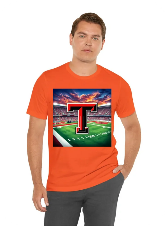 Texas Tech logo with football field in backround