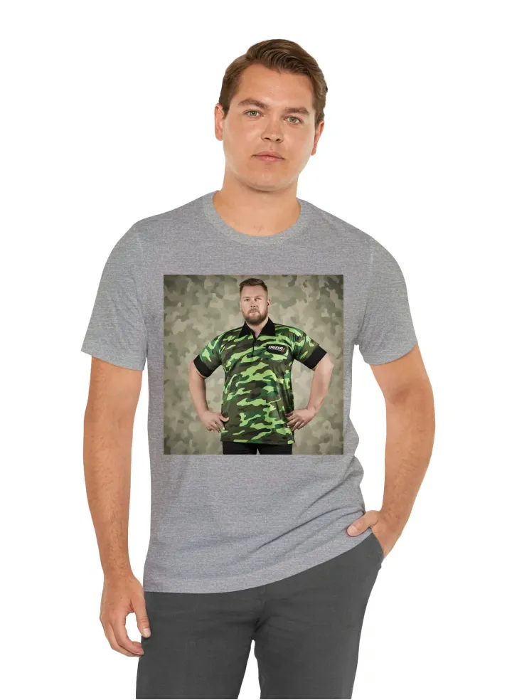 A darts shirt , green camo , with a black collar