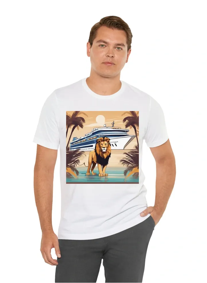 Sihn Santano, Cruise 2025, a lion with a cruise boat behind it and palm trees