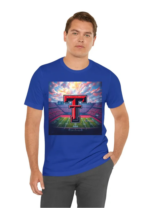 Texas Tech logo with football field in backround