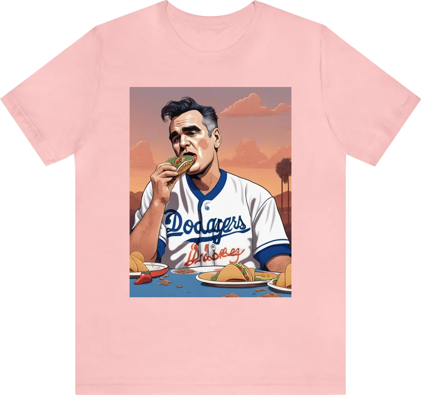 Morrissey wearing a los Angeles dodgers jersey eating a taco, 8k, illustrated
