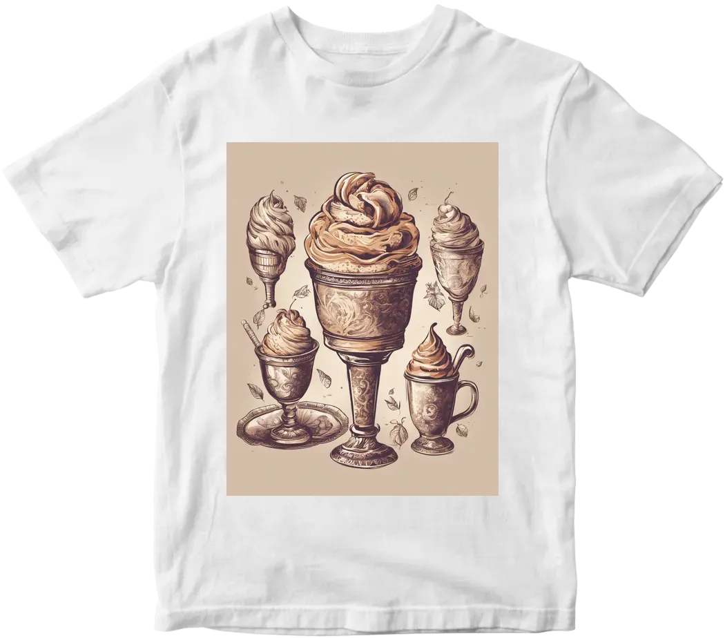 Elegant ice cream parlor, vintage style, nostalgic mood, warm and inviting lighting, intricate details of delicate cones and ornate dishes. T-shirt design graphic, vector, contour, white background