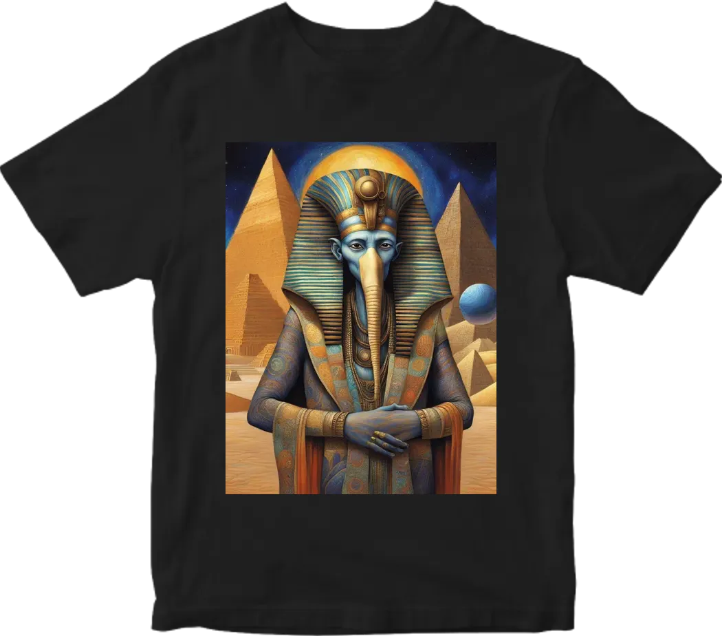 Thoth the atlantian dressed in armuor  in realistic cosmic deep space setting with Pyramids and palm tress and a touch