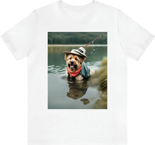 A dog fishing with a tiny fishing rod while wearing a fishing hat