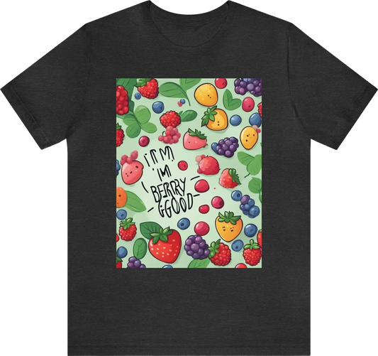 "I'm berry good" text, with berries around it, cute illustration