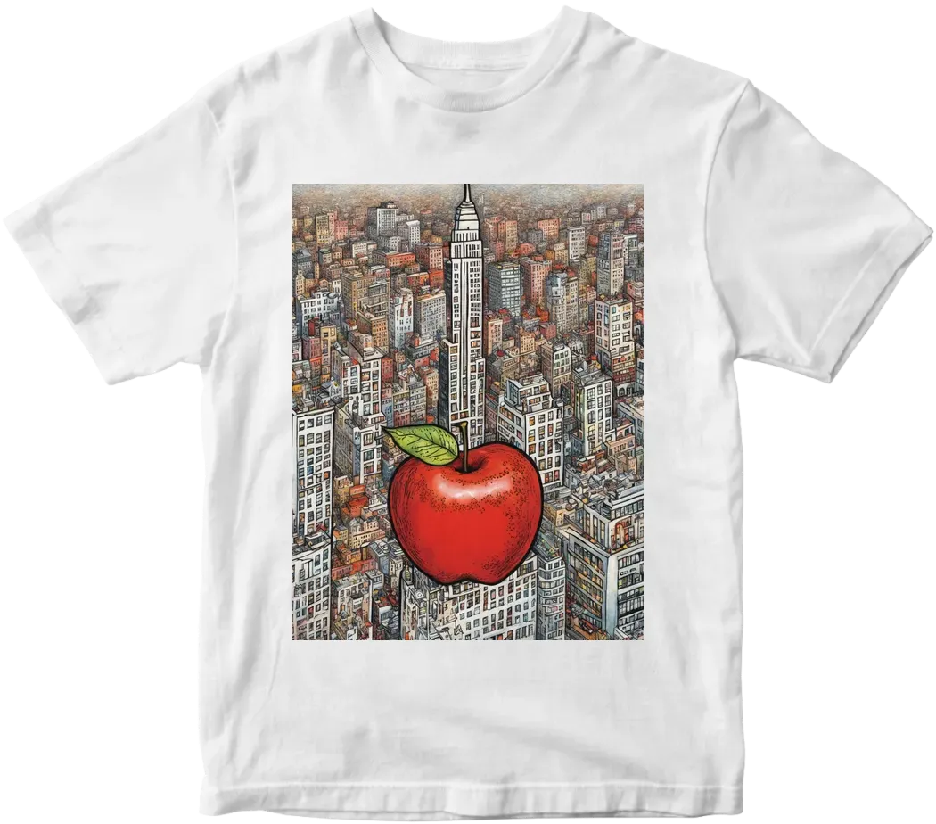 Big red apple, new york city background,  art by keith haring