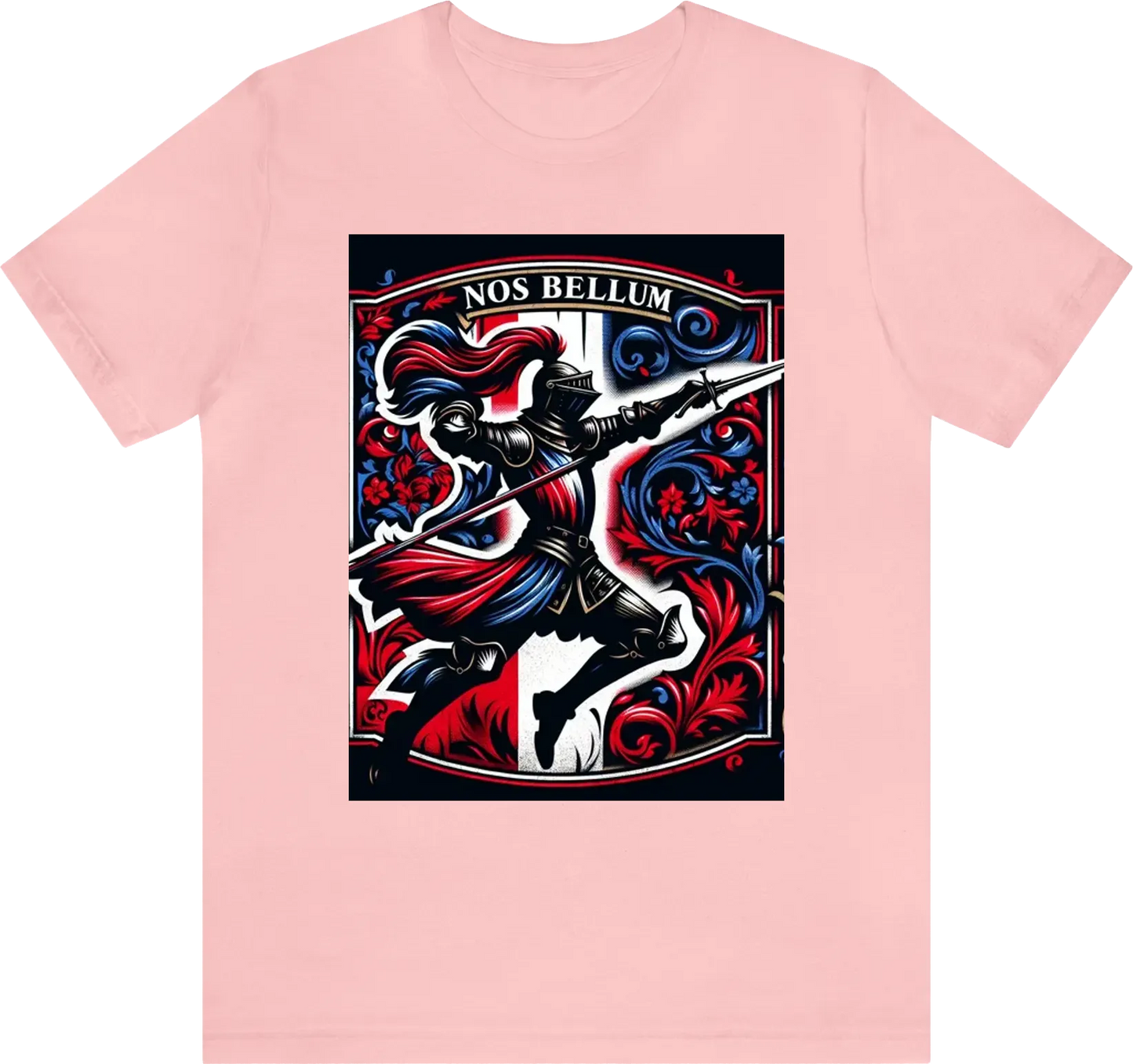 A silhouette of a knight throwing a javelin at an enemy while wearing red/white/blue clothing with anoverall theme of Red and gold using ornate designs to make this the most regal shirt ever created. USE "NOS BELLUM" in the artwork. Reduce the background